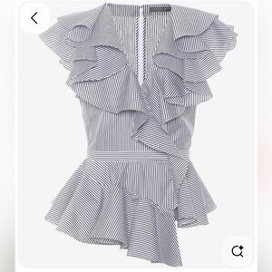 Alexander McQueen Sleeveless Striped Poplin Peplum Top with Ruffled Frills